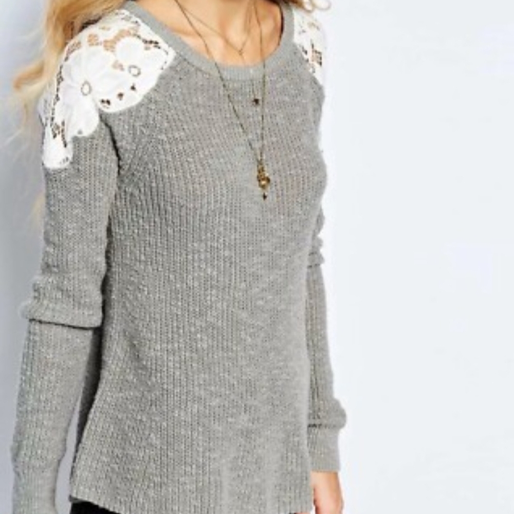 Hollister Gray Sweater with White Lace Accents